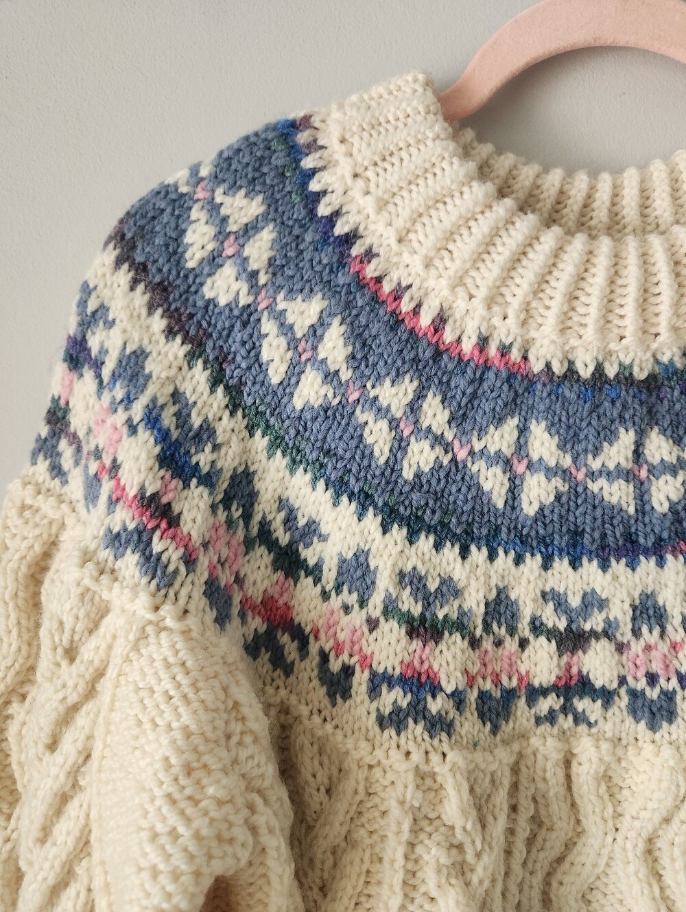 Handknit Fair Isle Nordic Yoke Chunky Cableknit Sweater - Picture 2 of 11